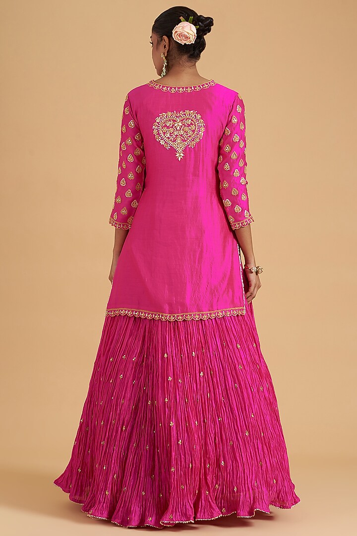 Hot Pink Kora Silk Crush Wedding Lehenga Set by SURBHI SHAH at Pernia's Pop Up Shop