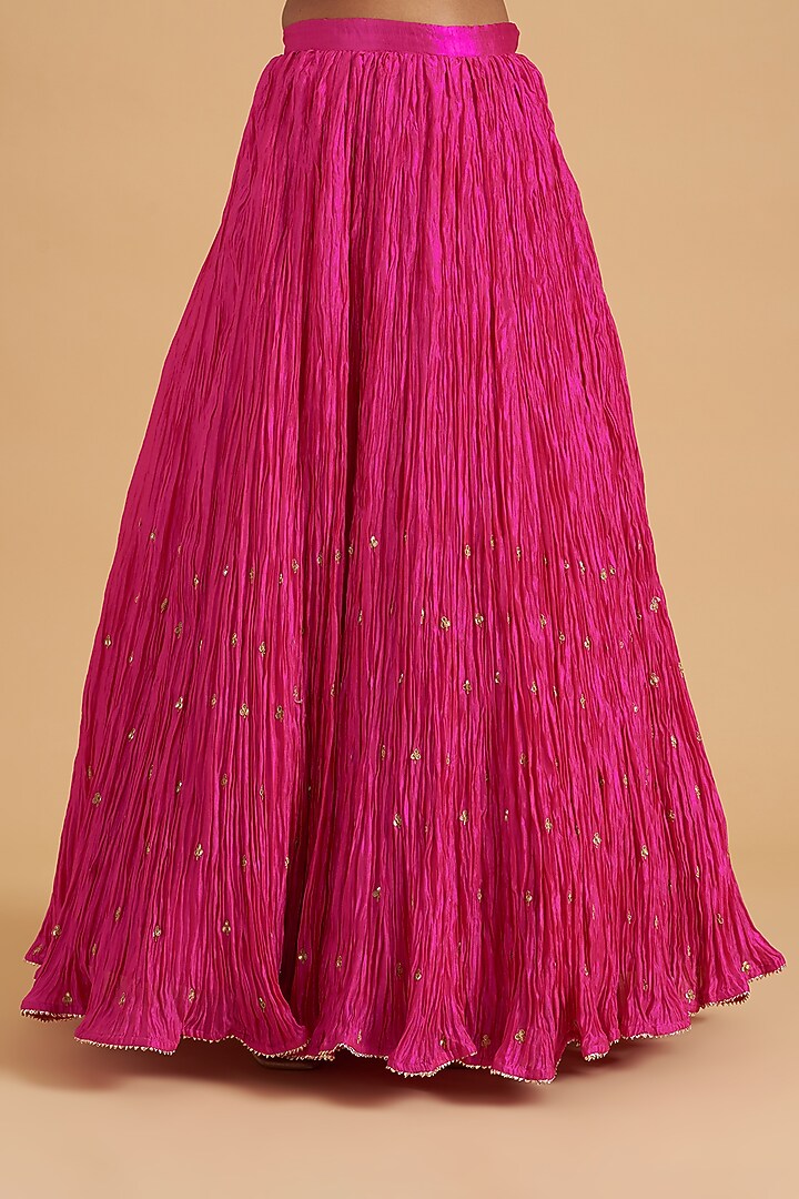 Hot Pink Kora Silk Crush Wedding Lehenga Set by SURBHI SHAH at Pernia's Pop Up Shop