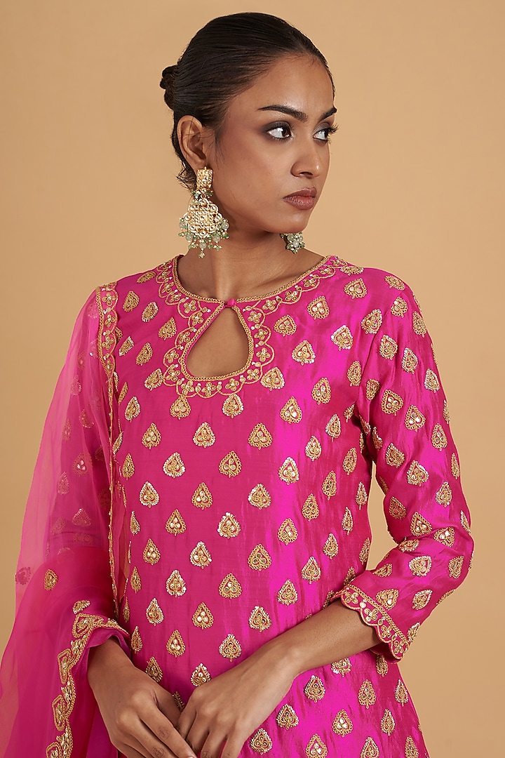 Hot Pink Kora Silk Crush Wedding Lehenga Set by SURBHI SHAH at Pernia's Pop Up Shop