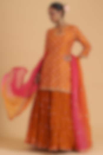 Orange Kora Silk Crush Wedding Lehenga Set by SURBHI SHAH at Pernia's Pop Up Shop