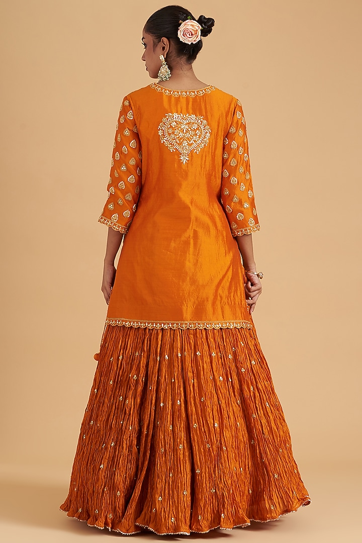 Orange Kora Silk Crush Wedding Lehenga Set by SURBHI SHAH at Pernia's Pop Up Shop