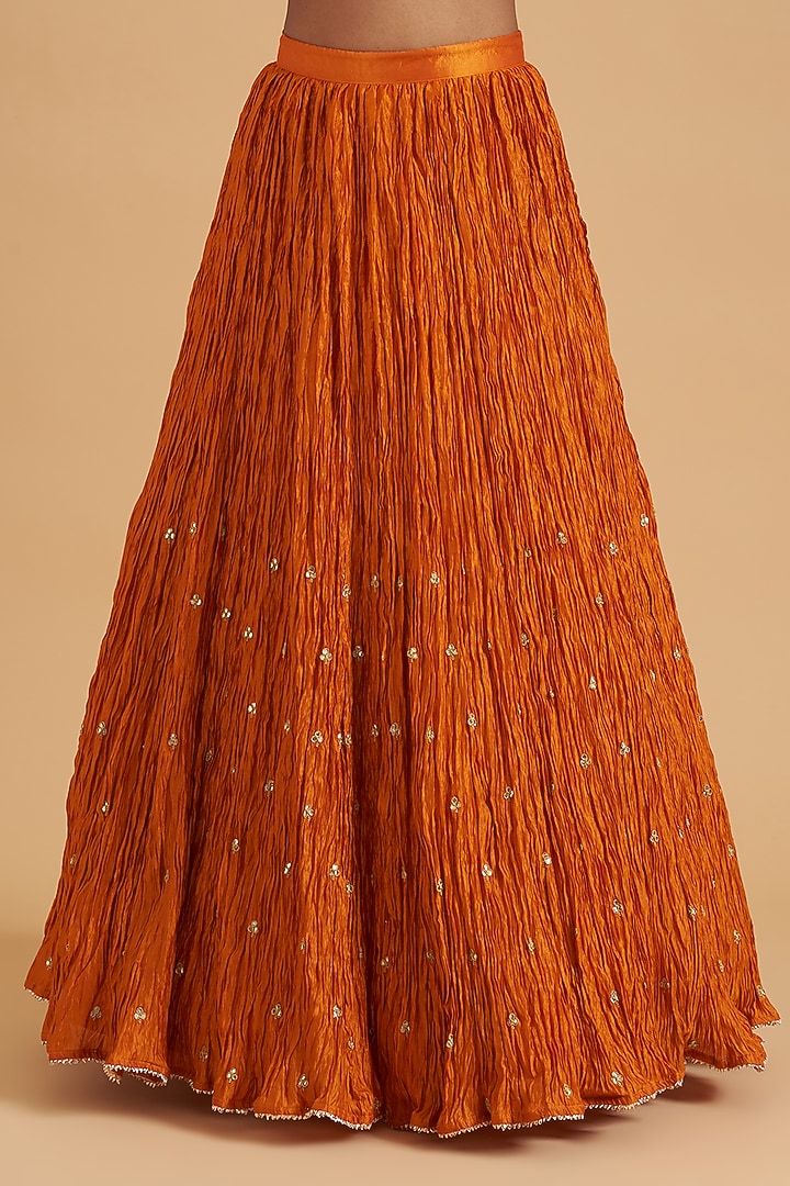 Orange Kora Silk Crush Wedding Lehenga Set by SURBHI SHAH at Pernia's Pop Up Shop