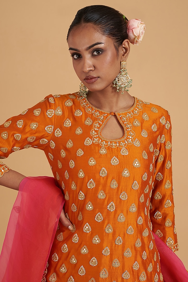 Orange Kora Silk Crush Wedding Lehenga Set by SURBHI SHAH at Pernia's Pop Up Shop