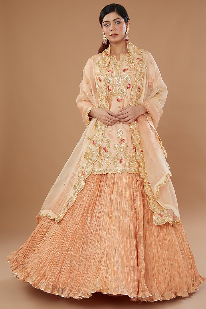 Peach Kora Silk Crush Wedding Lehenga Set by SURBHI SHAH at Pernia's Pop Up Shop