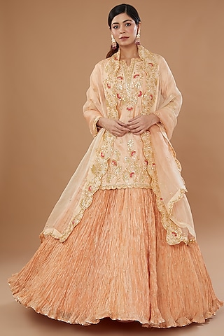 Peach Kora Silk Crush Lehenga Set by SURBHI SHAH