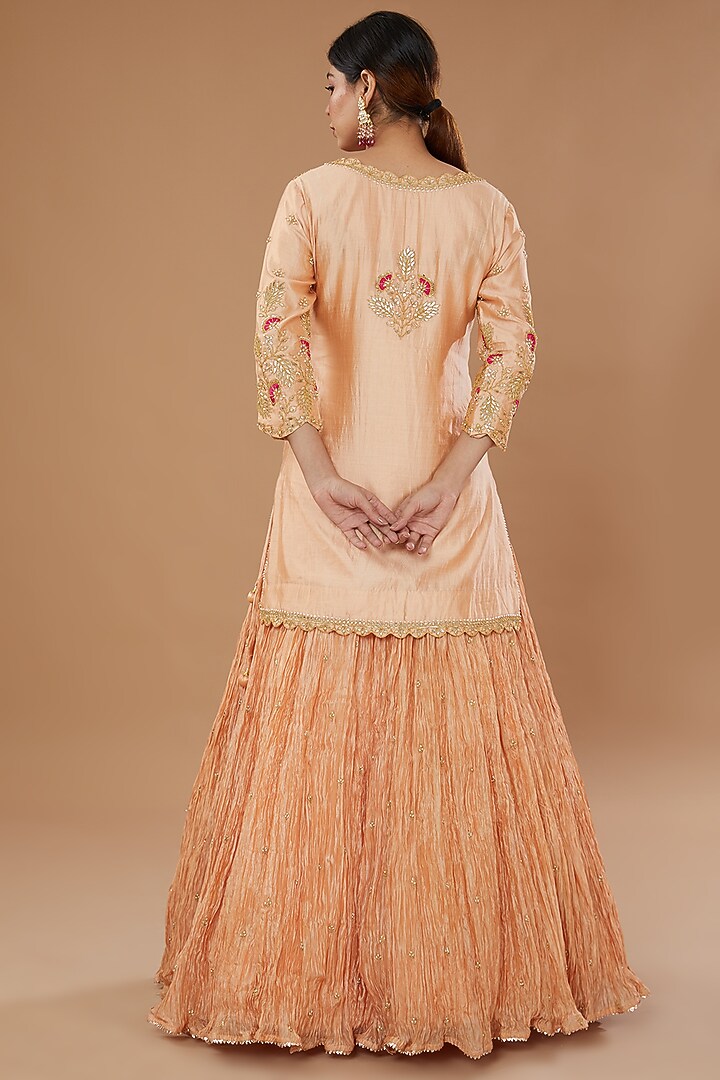 Peach Kora Silk Crush Wedding Lehenga Set by SURBHI SHAH at Pernia's Pop Up Shop