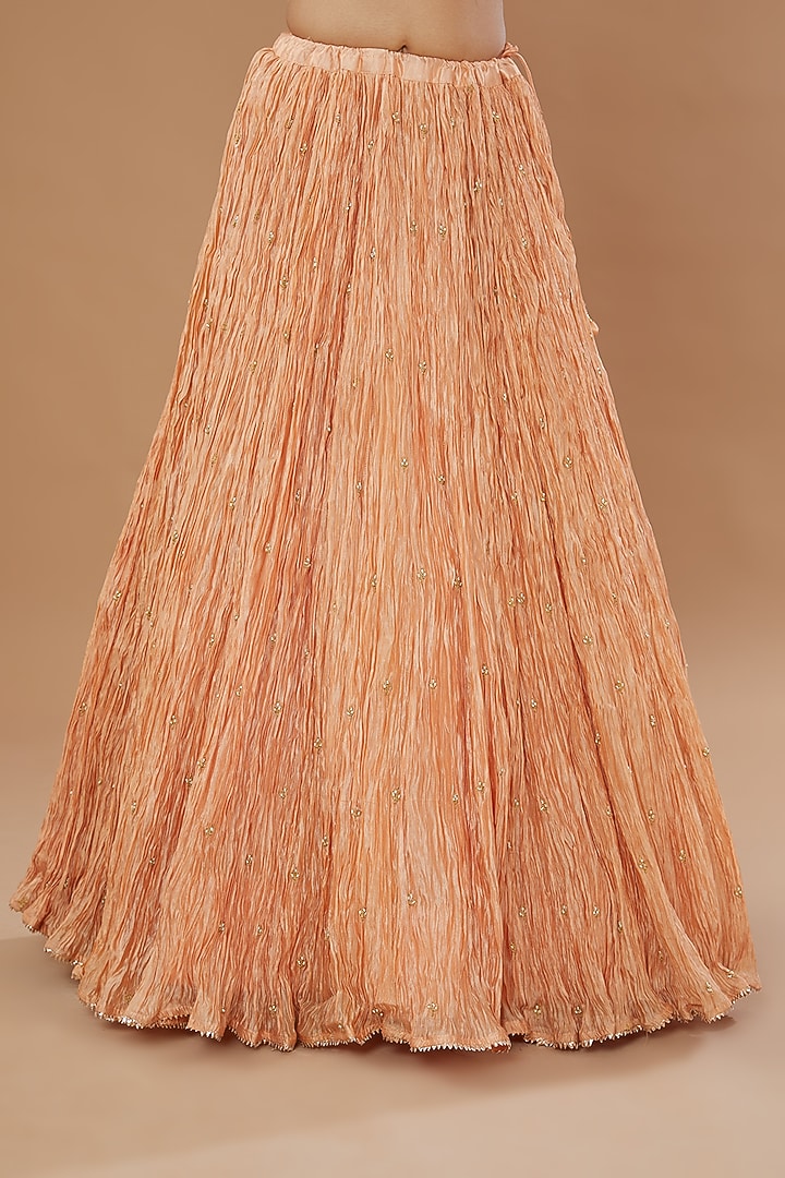 Peach Kora Silk Crush Wedding Lehenga Set by SURBHI SHAH at Pernia's Pop Up Shop