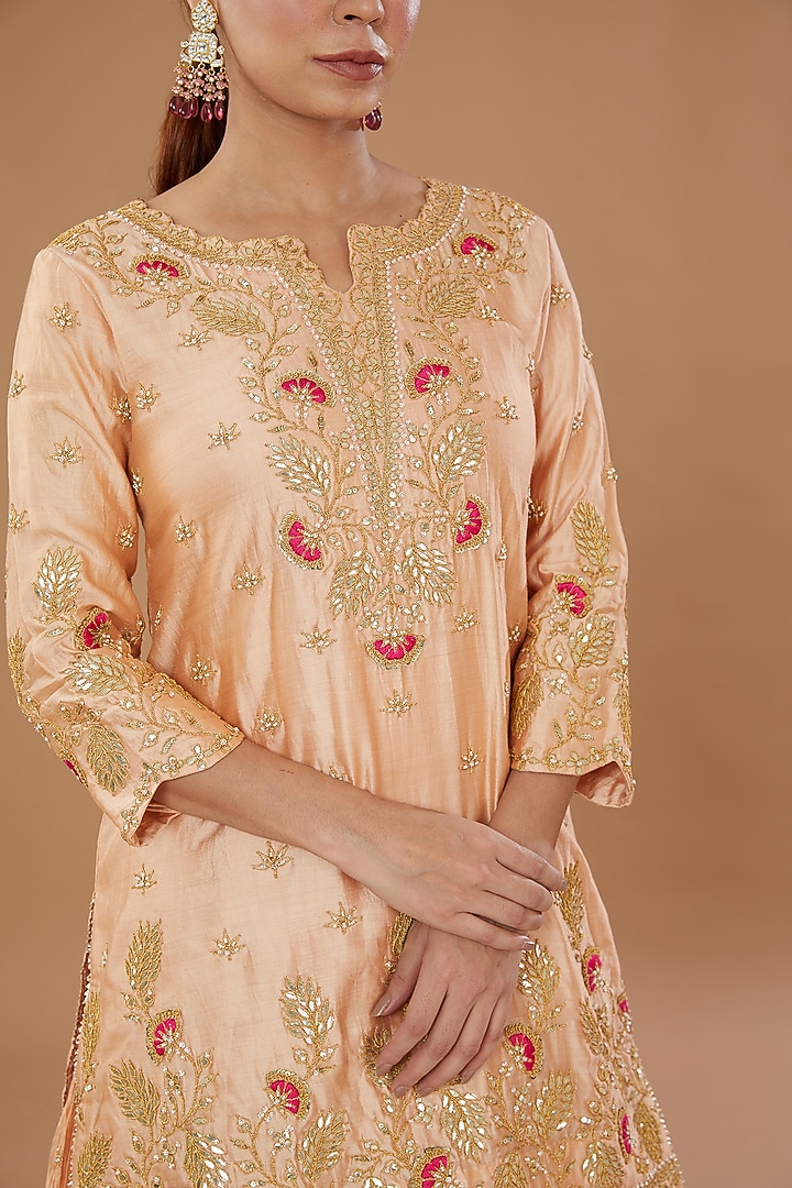 Peach Kora Silk Crush Wedding Lehenga Set by SURBHI SHAH at Pernia's Pop Up Shop