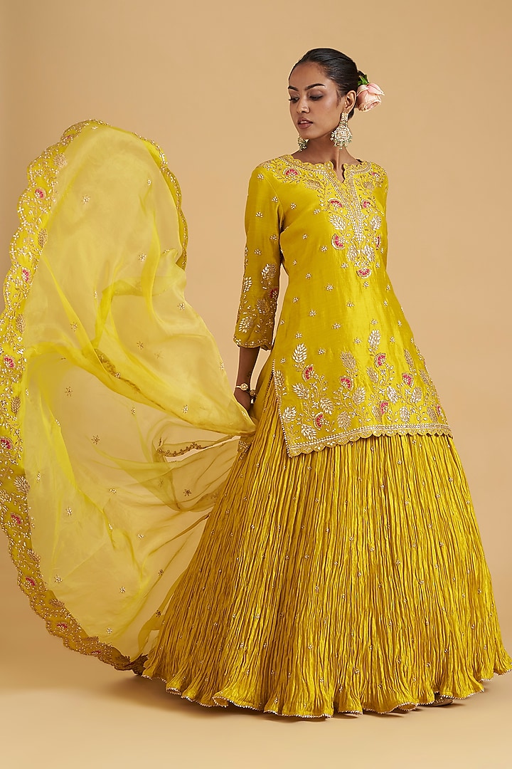 Yellow Kora Silk Crush Wedding Lehenga Set by SURBHI SHAH at Pernia's Pop Up Shop