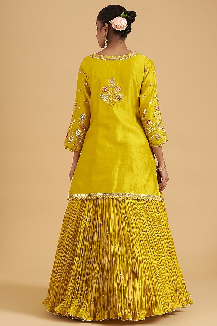 Yellow Kora Silk Crush Wedding Lehenga Set by SURBHI SHAH at Pernia's Pop Up Shop