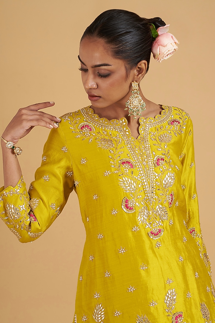 Yellow Kora Silk Crush Wedding Lehenga Set by SURBHI SHAH at Pernia's Pop Up Shop