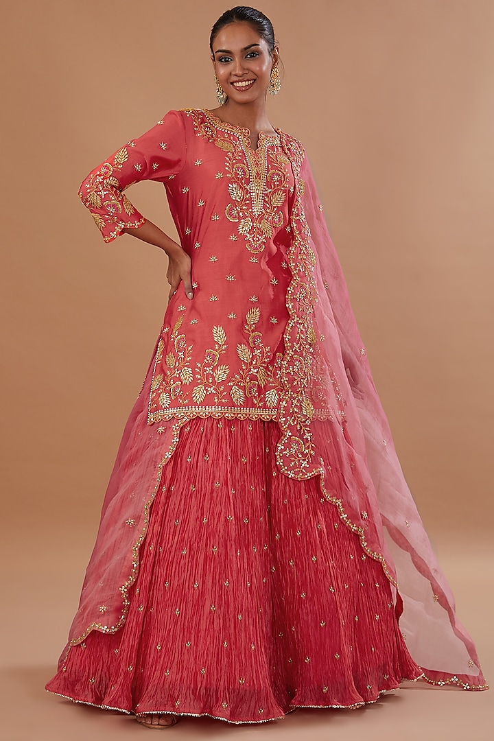 Coral Red Kora Silk Crush Wedding Lehenga Set by SURBHI SHAH at Pernia's Pop Up Shop