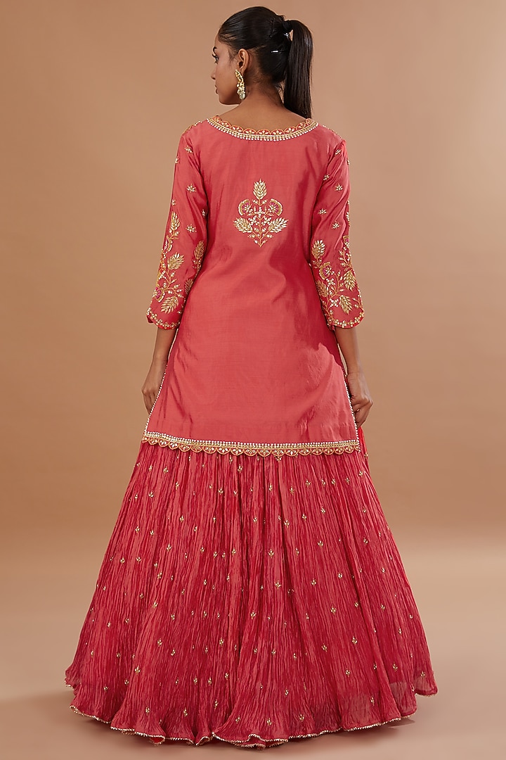 Coral Red Kora Silk Crush Wedding Lehenga Set by SURBHI SHAH at Pernia's Pop Up Shop