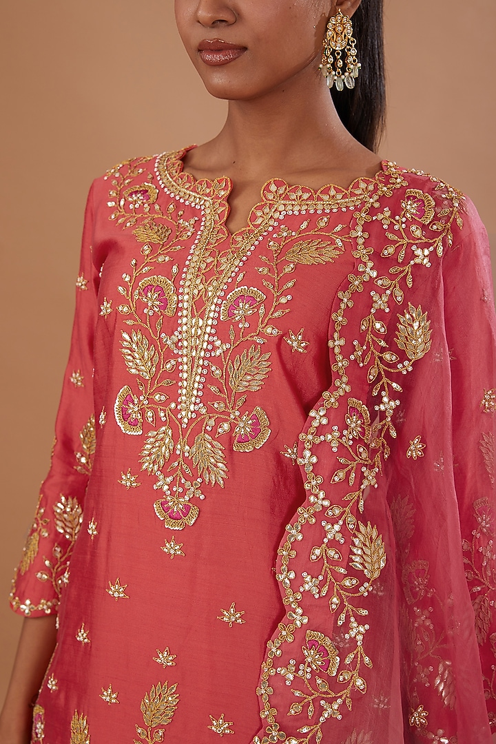 Coral Red Kora Silk Crush Wedding Lehenga Set by SURBHI SHAH at Pernia's Pop Up Shop