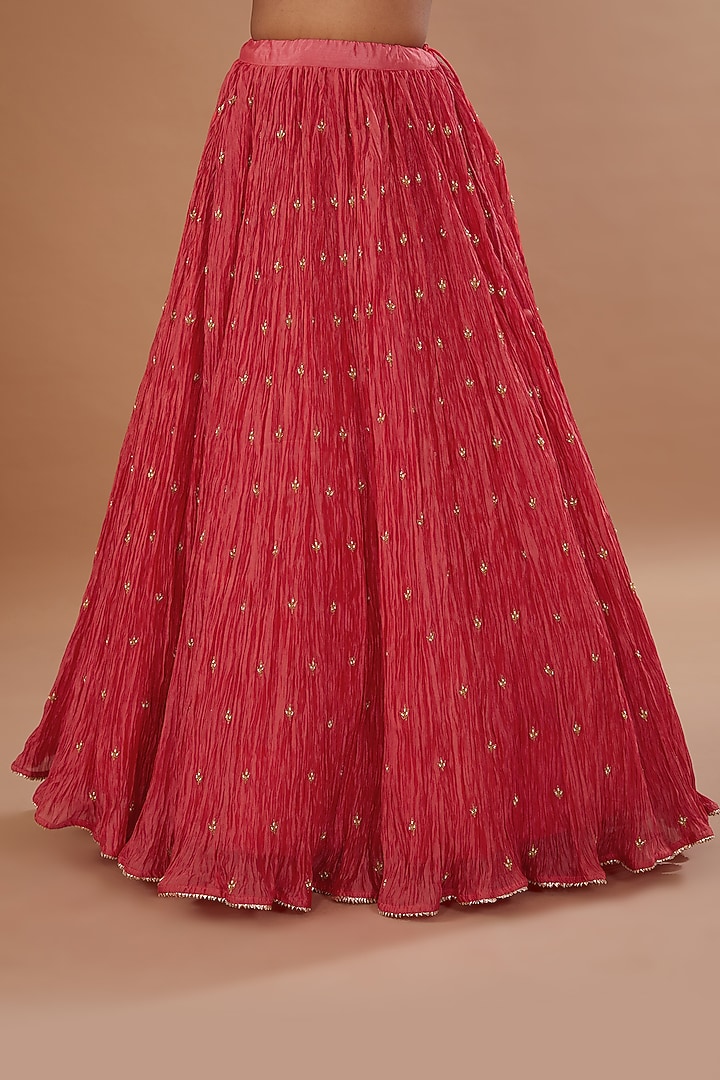 Coral Red Kora Silk Crush Wedding Lehenga Set by SURBHI SHAH at Pernia's Pop Up Shop
