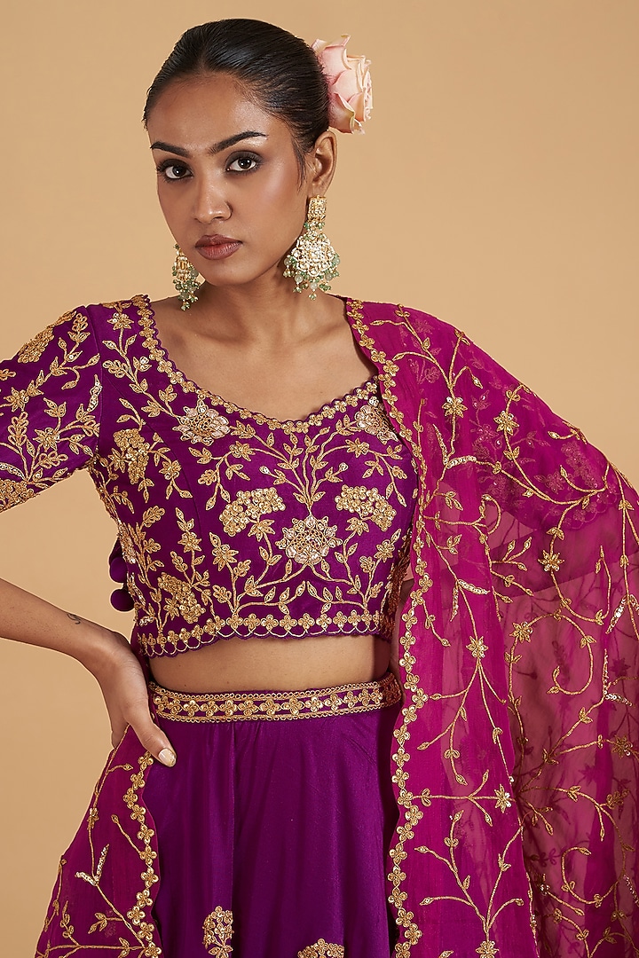 Purple Pure Silk Embroidered Bridal Lehenga Set by SURBHI SHAH at Pernia's Pop Up Shop