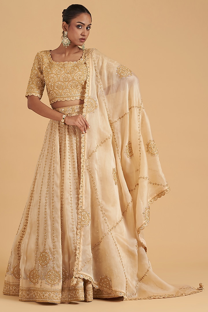 Champagne Pure Satin Organza Embroidered Bridal Lehenga Set by SURBHI SHAH at Pernia's Pop Up Shop