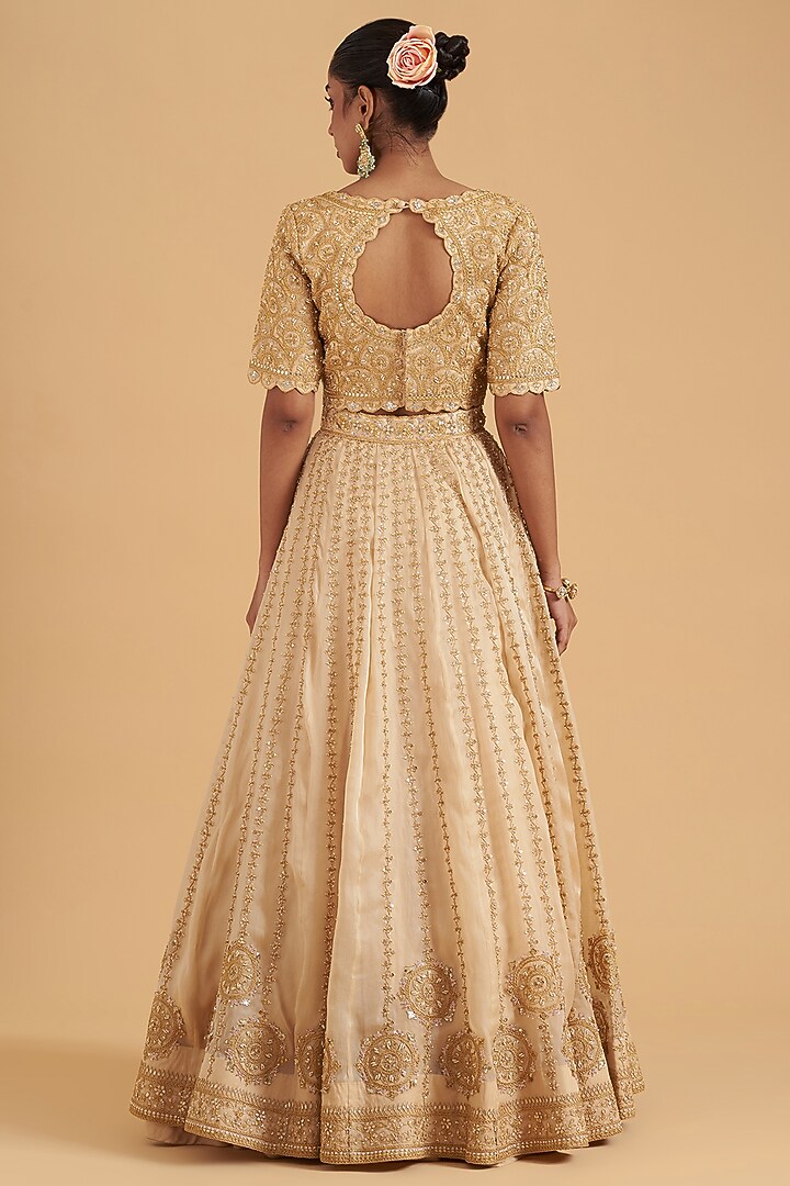 Champagne Pure Satin Organza Embroidered Bridal Lehenga Set by SURBHI SHAH at Pernia's Pop Up Shop