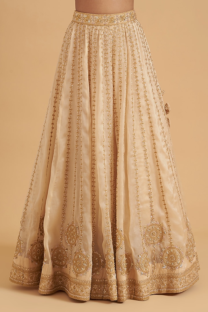 Champagne Pure Satin Organza Embroidered Bridal Lehenga Set by SURBHI SHAH at Pernia's Pop Up Shop