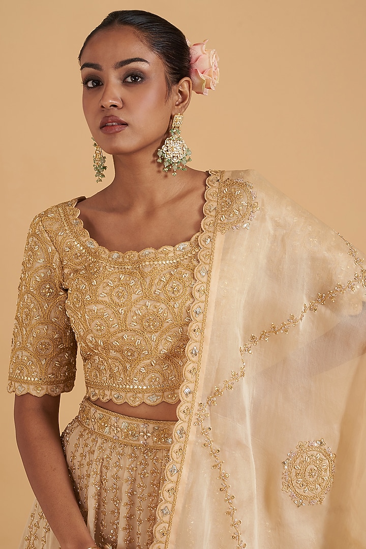 Champagne Pure Satin Organza Embroidered Bridal Lehenga Set by SURBHI SHAH at Pernia's Pop Up Shop