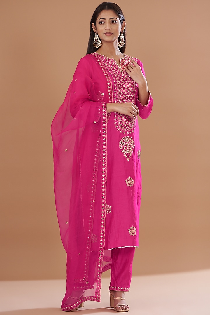 Hot Pink Pure Spun Silk Embroidered Kurta Set by SURBHI SHAH at Pernia's Pop Up Shop