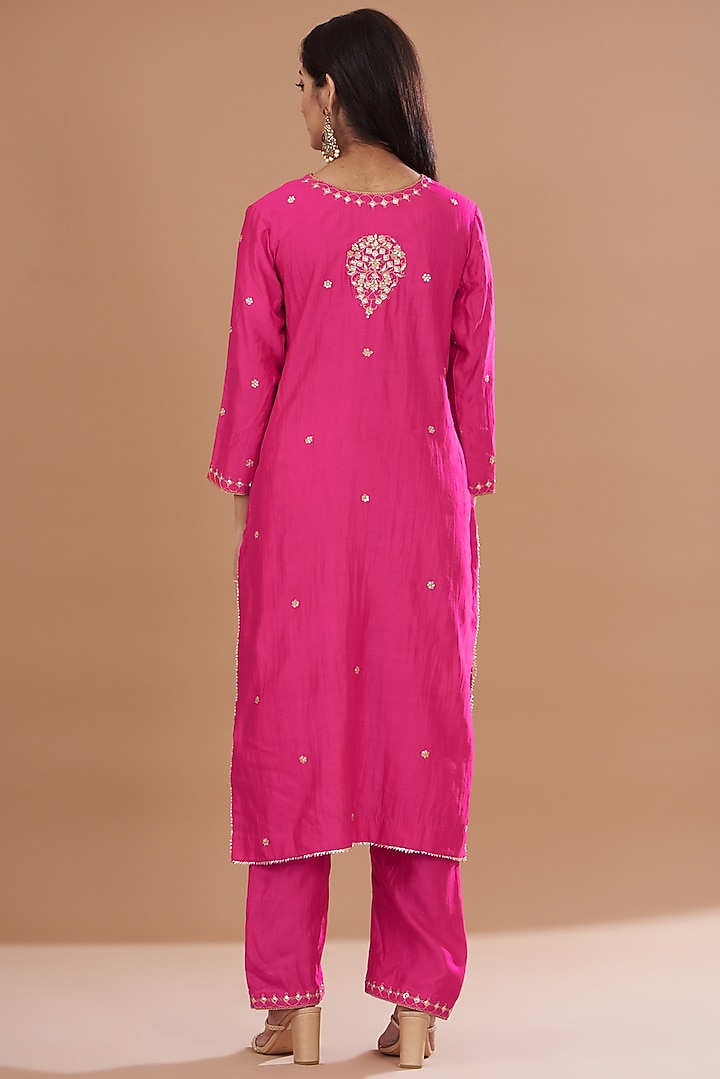 Hot Pink Pure Spun Silk Embroidered Kurta Set by SURBHI SHAH at Pernia's Pop Up Shop