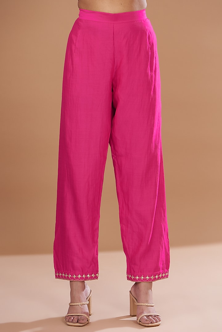 Hot Pink Pure Spun Silk Embroidered Kurta Set by SURBHI SHAH at Pernia's Pop Up Shop
