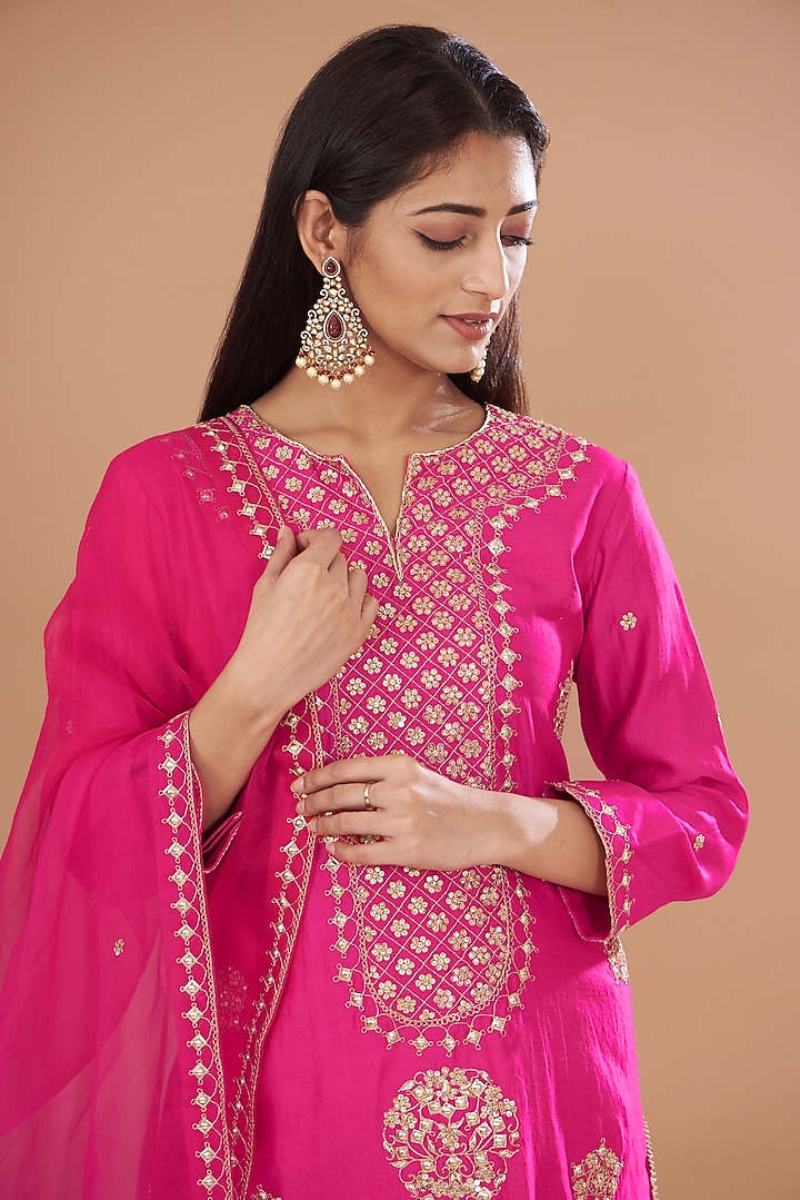 Hot Pink Pure Spun Silk Embroidered Kurta Set by SURBHI SHAH at Pernia's Pop Up Shop
