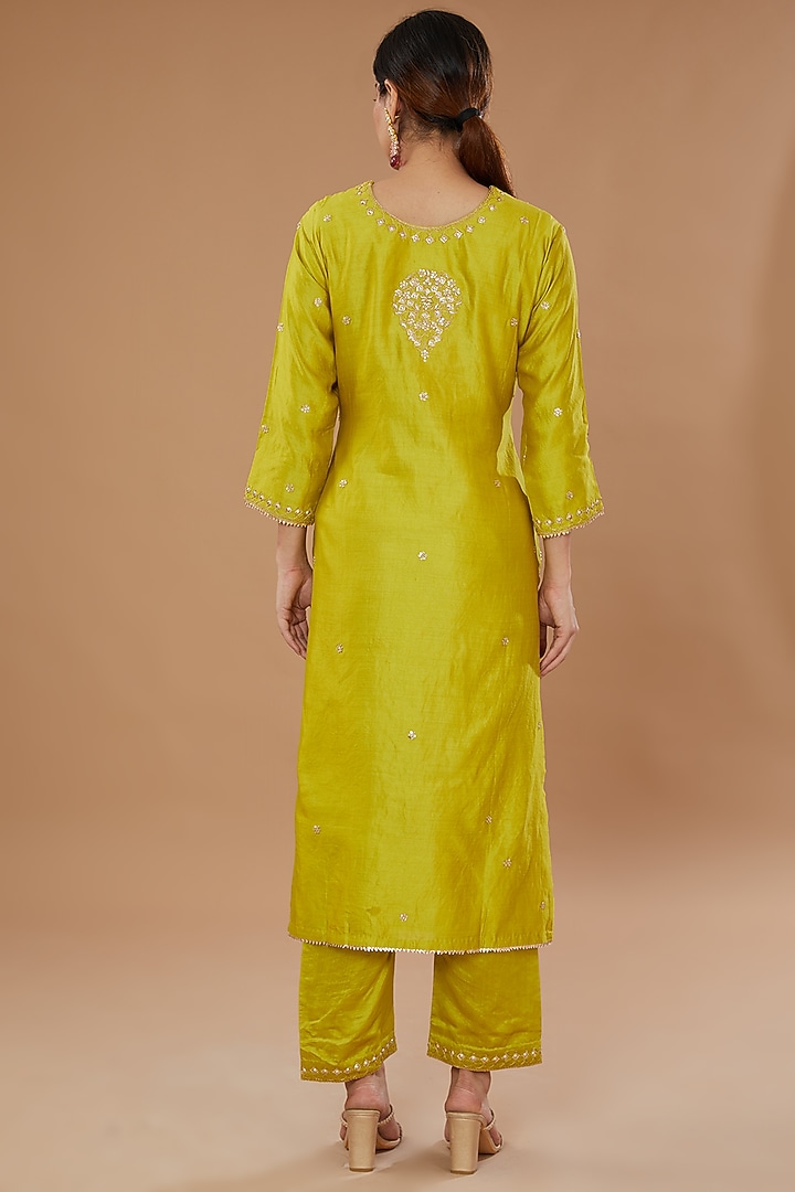 Lime Pure Spun Silk Embroidered Kurta Set by SURBHI SHAH at Pernia's Pop Up Shop