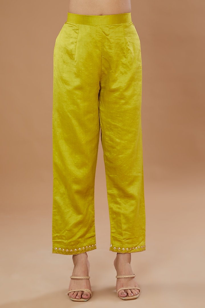 Lime Pure Spun Silk Embroidered Kurta Set by SURBHI SHAH at Pernia's Pop Up Shop