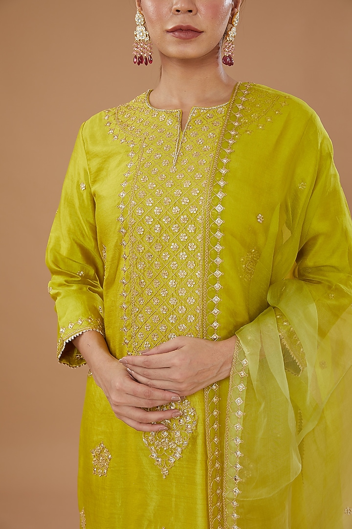 Lime Pure Spun Silk Embroidered Kurta Set by SURBHI SHAH at Pernia's Pop Up Shop