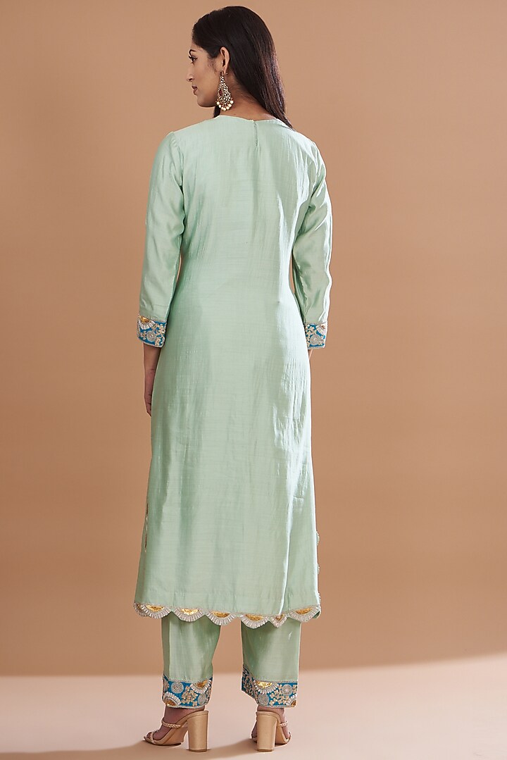 Powder Green Pure Spun Silk Embroidered A-Line Kurta Set by SURBHI SHAH at Pernia's Pop Up Shop
