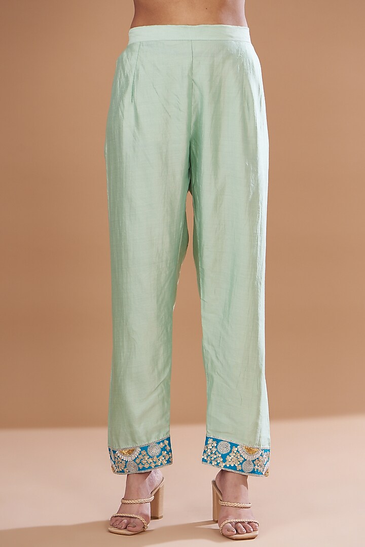 Powder Green Pure Spun Silk Embroidered A-Line Kurta Set by SURBHI SHAH at Pernia's Pop Up Shop