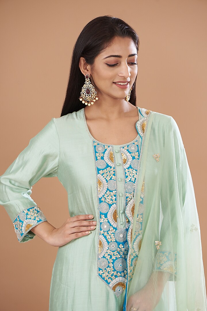 Powder Green Pure Spun Silk Embroidered A-Line Kurta Set by SURBHI SHAH at Pernia's Pop Up Shop