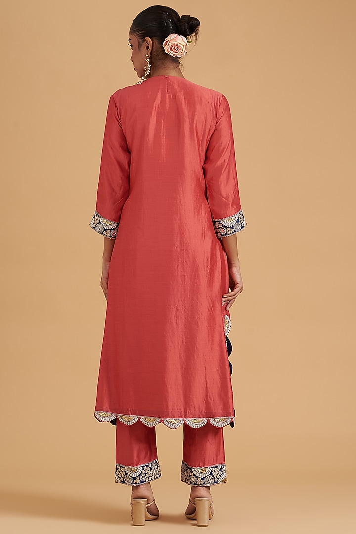 Coral Pure Spun Silk Embroidered A-Line Kurta Set by SURBHI SHAH at Pernia's Pop Up Shop
