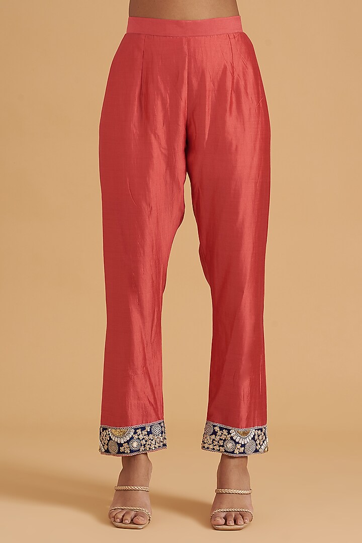 Coral Pure Spun Silk Embroidered A-Line Kurta Set by SURBHI SHAH at Pernia's Pop Up Shop