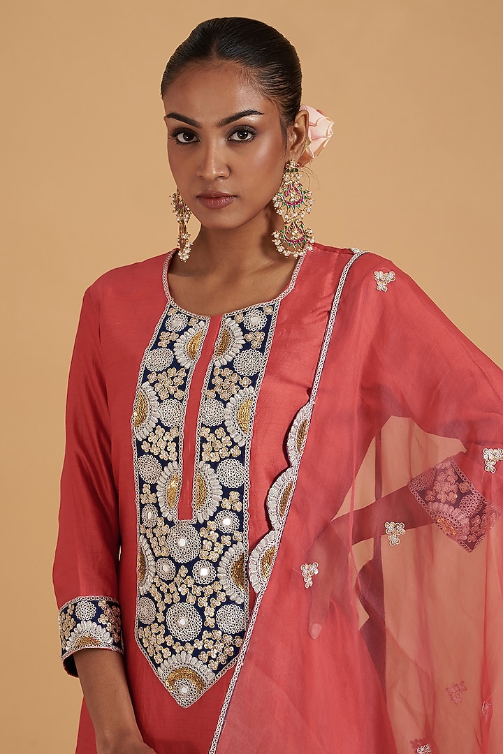 Coral Pure Spun Silk Embroidered A-Line Kurta Set by SURBHI SHAH at Pernia's Pop Up Shop