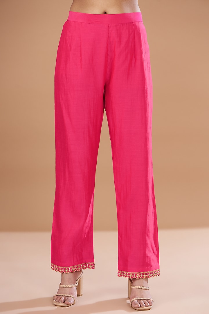Pinkish Red Pure Spun Silk Embroidered Kurta Set by SURBHI SHAH at Pernia's Pop Up Shop