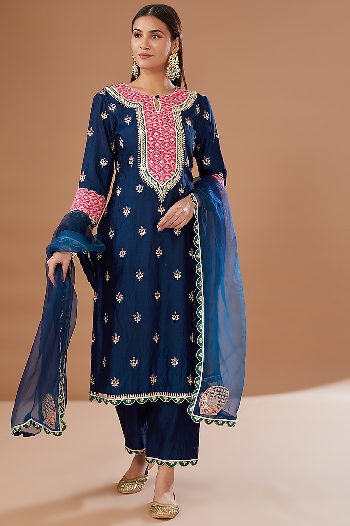 Navy Blue Pure Spun Silk Embroidered Kurta Set by SURBHI SHAH at Pernia's Pop Up Shop