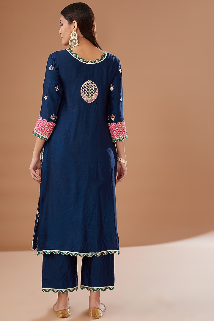 Navy Blue Pure Spun Silk Embroidered Kurta Set by SURBHI SHAH at Pernia's Pop Up Shop