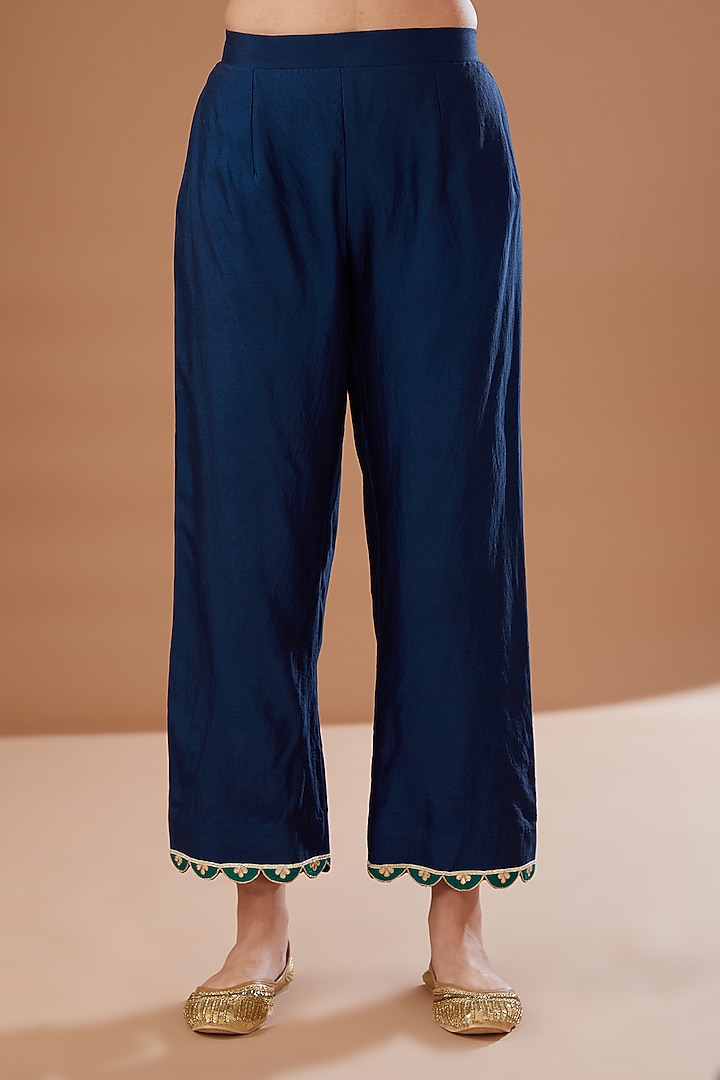 Navy Blue Pure Spun Silk Embroidered Kurta Set by SURBHI SHAH at Pernia's Pop Up Shop