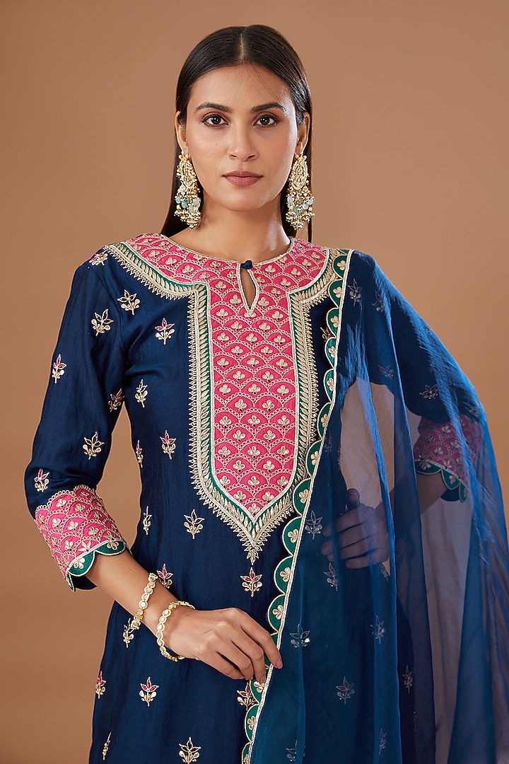 Navy Blue Pure Spun Silk Embroidered Kurta Set by SURBHI SHAH at Pernia's Pop Up Shop