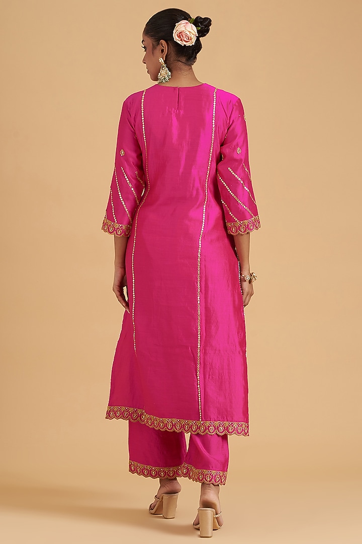 Hot Pink Pure Spun Silk Embroidered Kurta Set by SURBHI SHAH at Pernia's Pop Up Shop