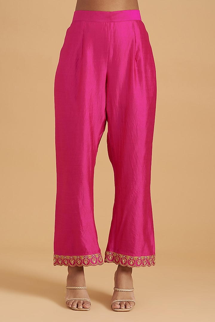Hot Pink Pure Spun Silk Embroidered Kurta Set by SURBHI SHAH at Pernia's Pop Up Shop