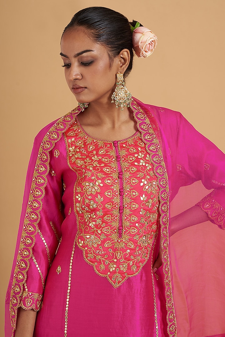 Hot Pink Pure Spun Silk Embroidered Kurta Set by SURBHI SHAH at Pernia's Pop Up Shop