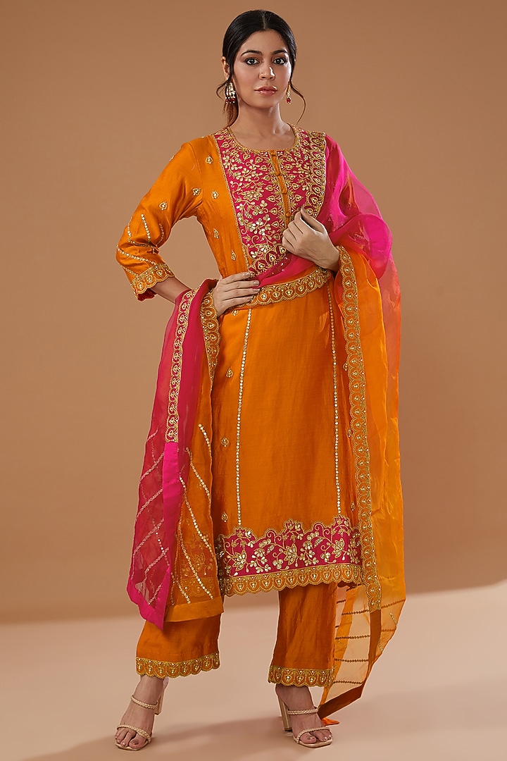 Orange Pure Spun Silk Embroidered Kurta Set by SURBHI SHAH at Pernia's Pop Up Shop