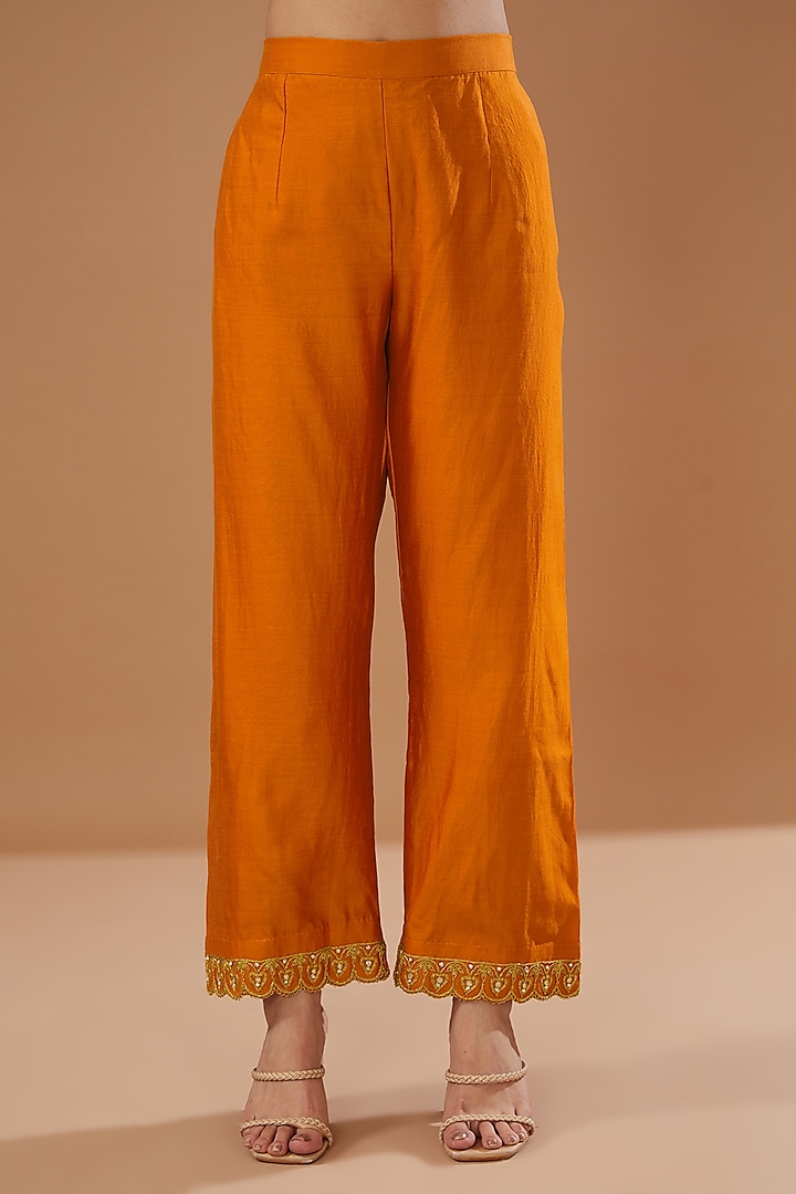 Orange Pure Spun Silk Embroidered Kurta Set by SURBHI SHAH at Pernia's Pop Up Shop