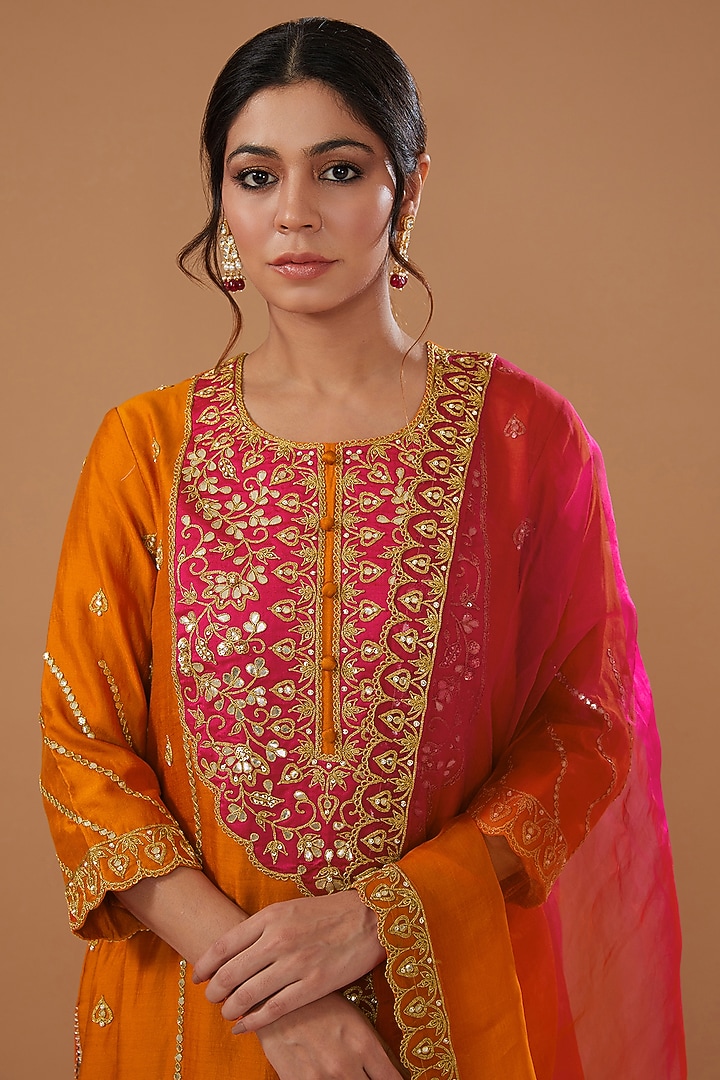 Orange Pure Spun Silk Embroidered Kurta Set by SURBHI SHAH at Pernia's Pop Up Shop