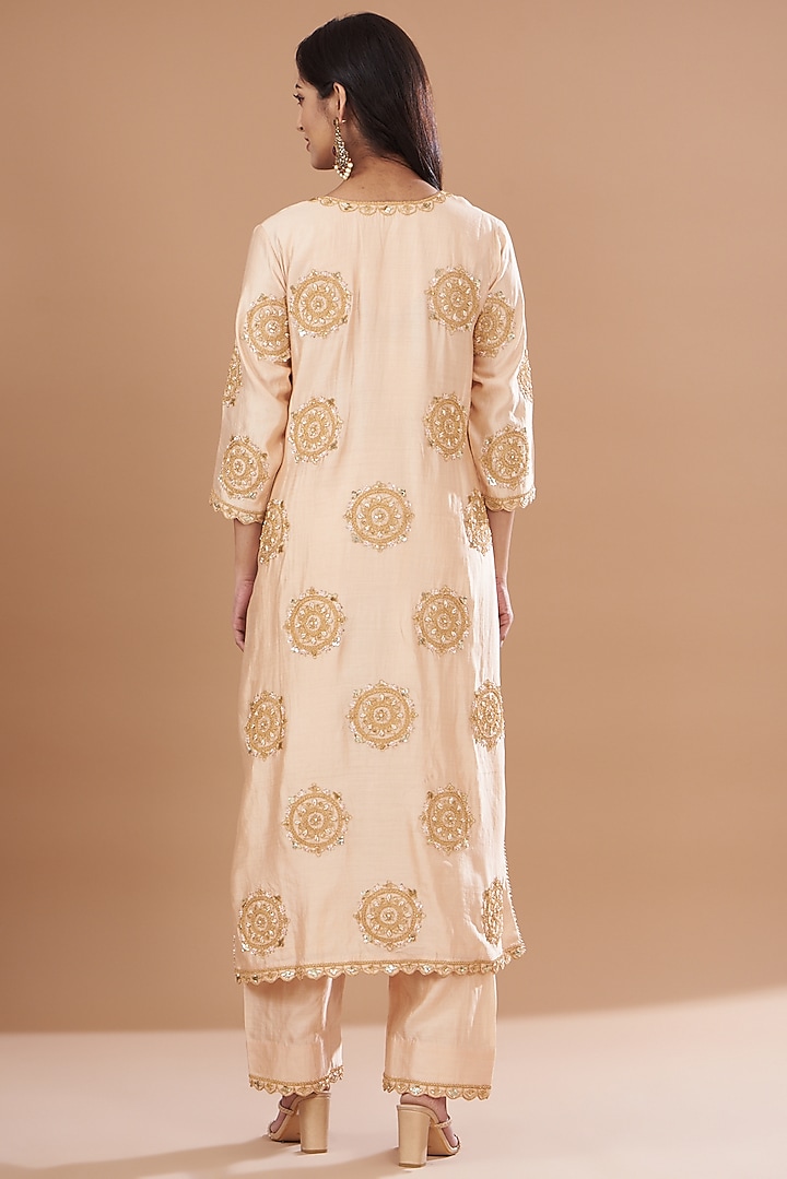 Champagne Pure Spun Silk Embroidered Kurta Set by SURBHI SHAH at Pernia's Pop Up Shop