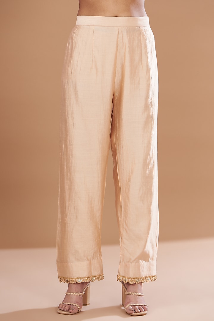 Champagne Pure Spun Silk Embroidered Kurta Set by SURBHI SHAH at Pernia's Pop Up Shop